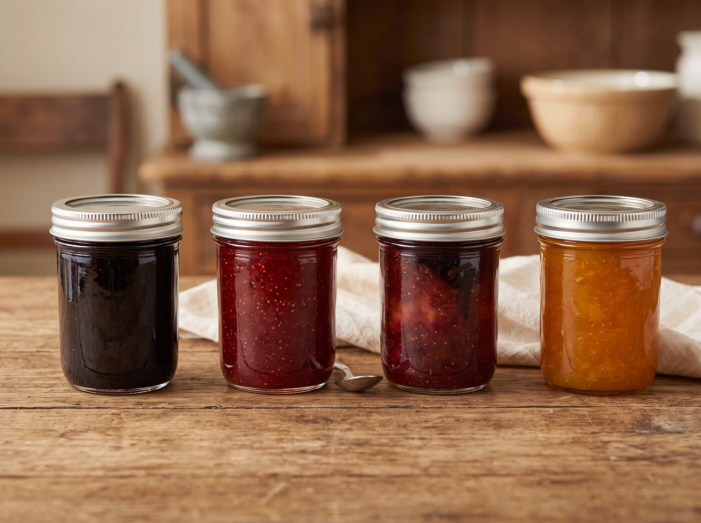 A row of homemade jam jars in seasonal flavors