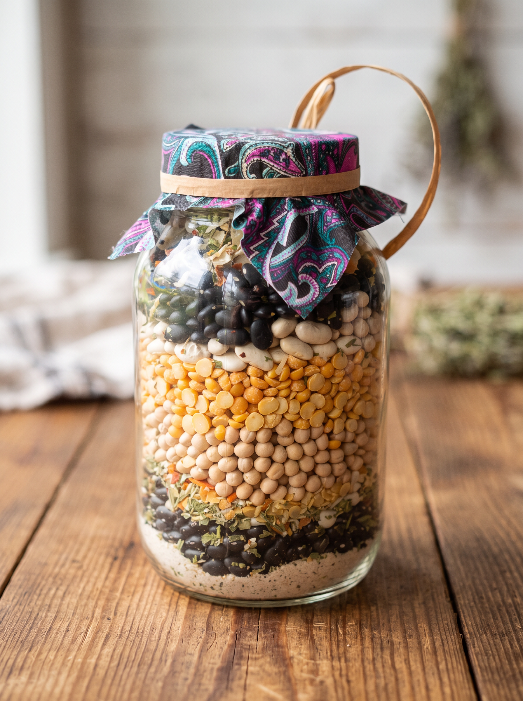 Layered jar of beans and lentils under a paisley cloth lid