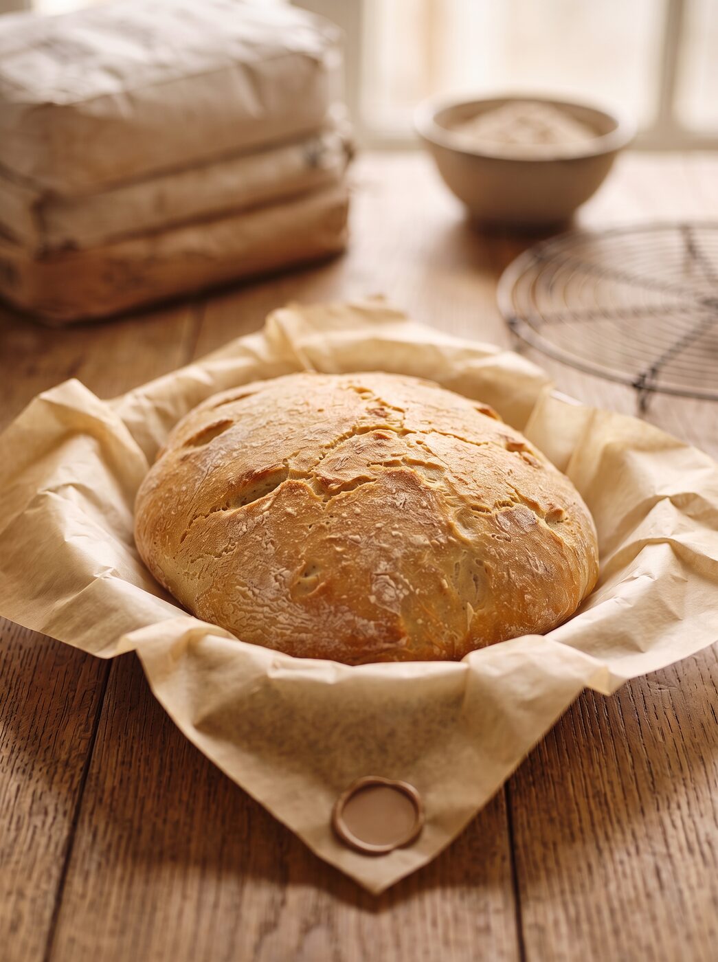 Sourdough loaf wrapped in parchment paper